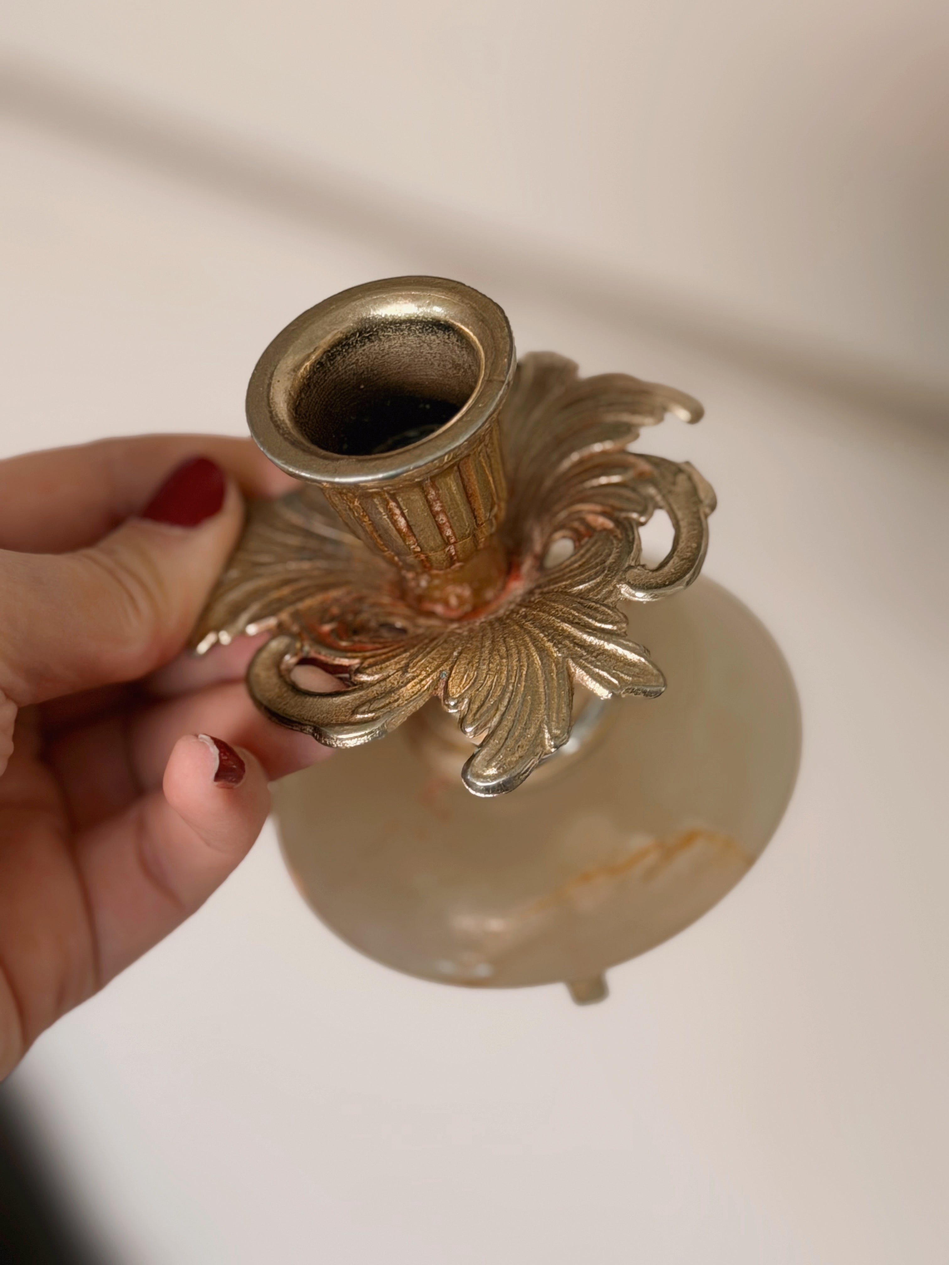Vintage Onyx + Brass Candlestick Holder