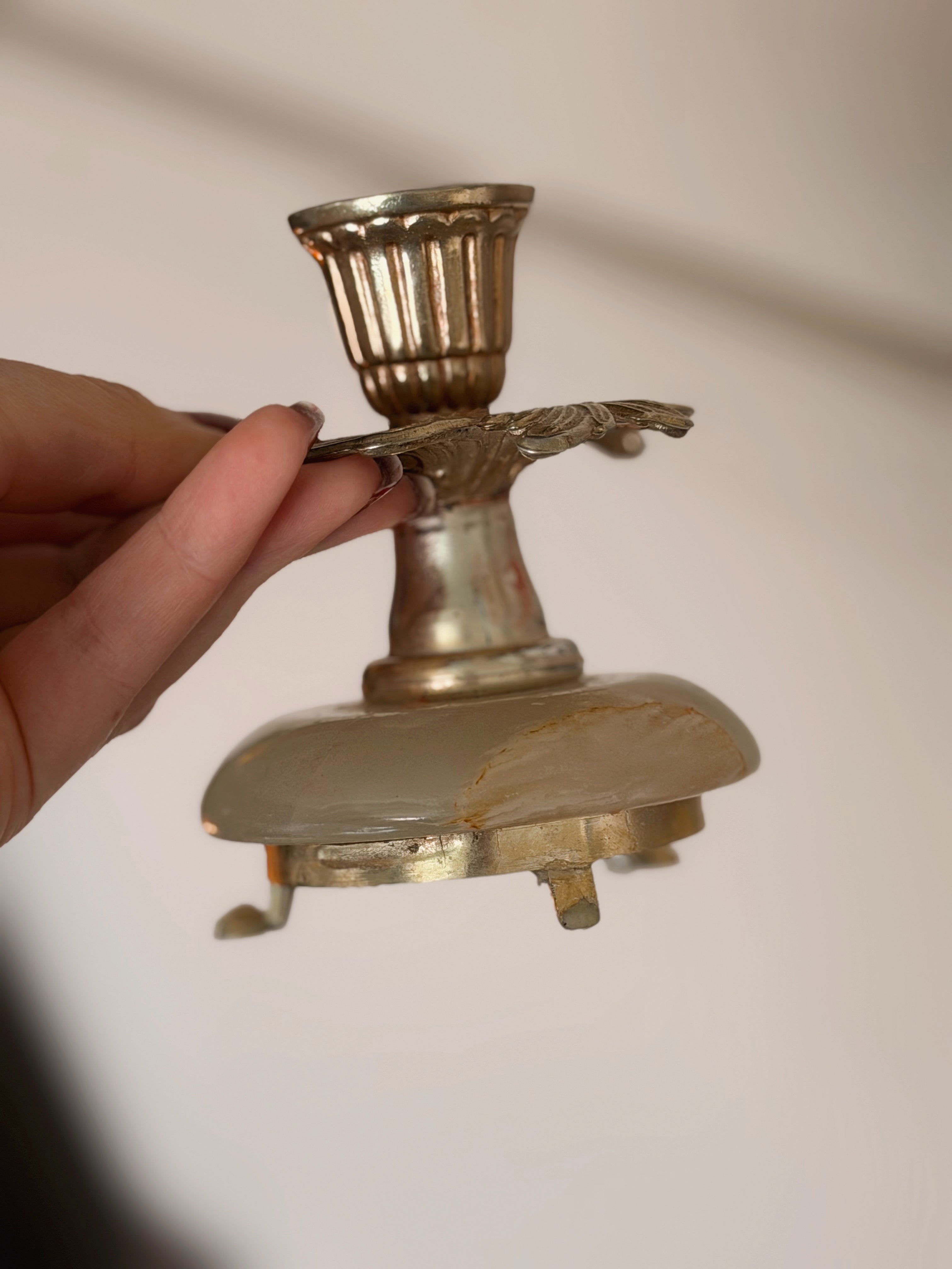 Vintage Onyx + Brass Candlestick Holder