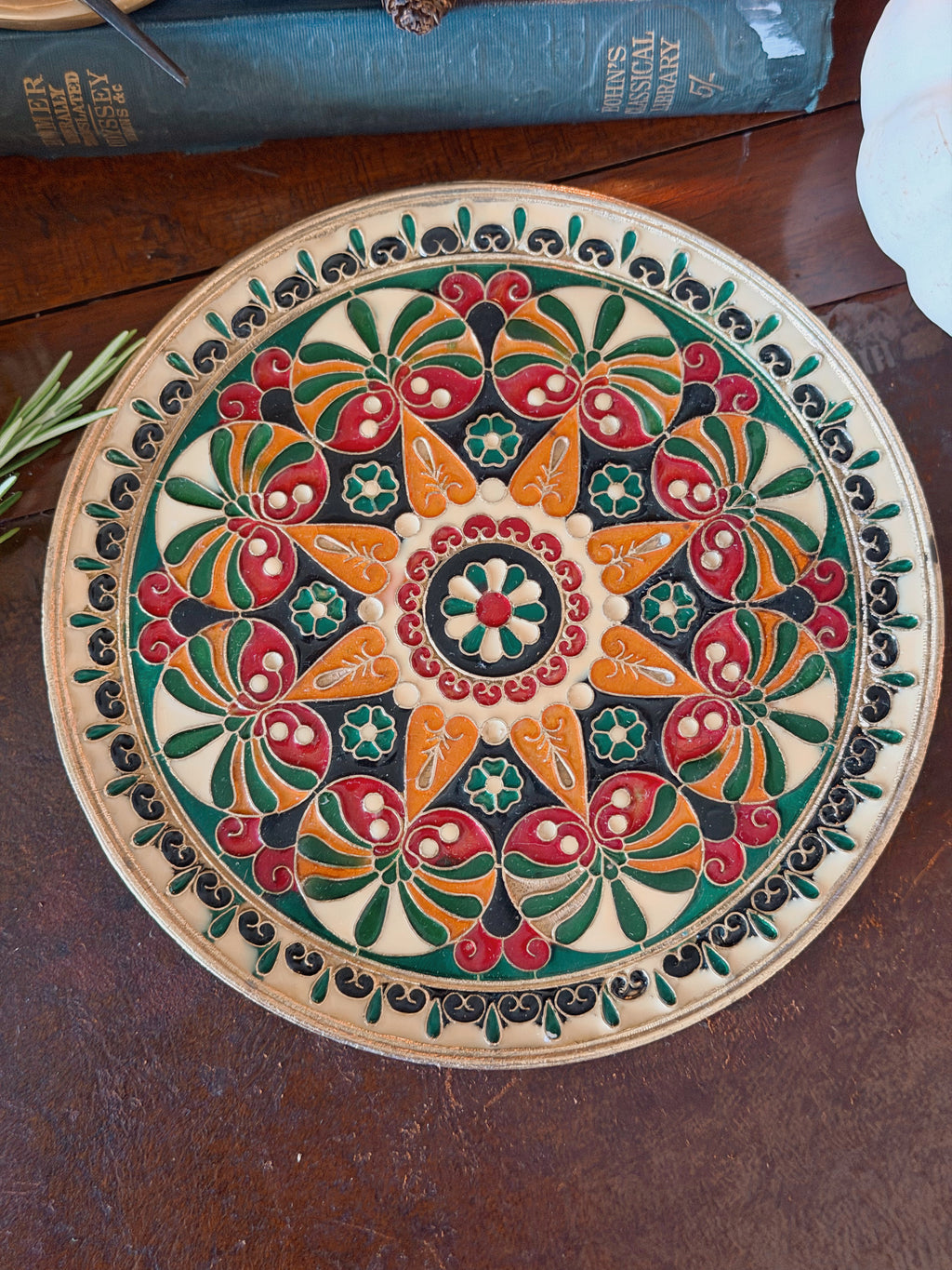 Vintage Brass + Enamel Plate