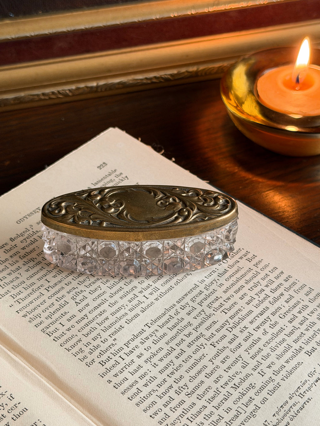 Antique Glass + Brass Lid Trinket Dish