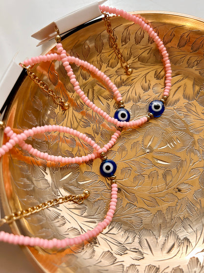 Pink Beaded Evil Eye Bracelet