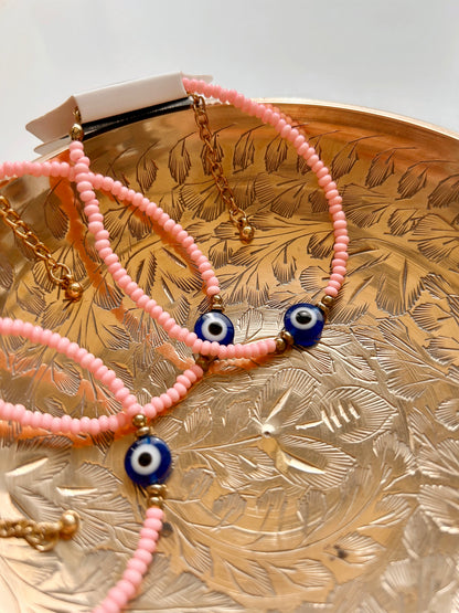 Pink Beaded Evil Eye Bracelet