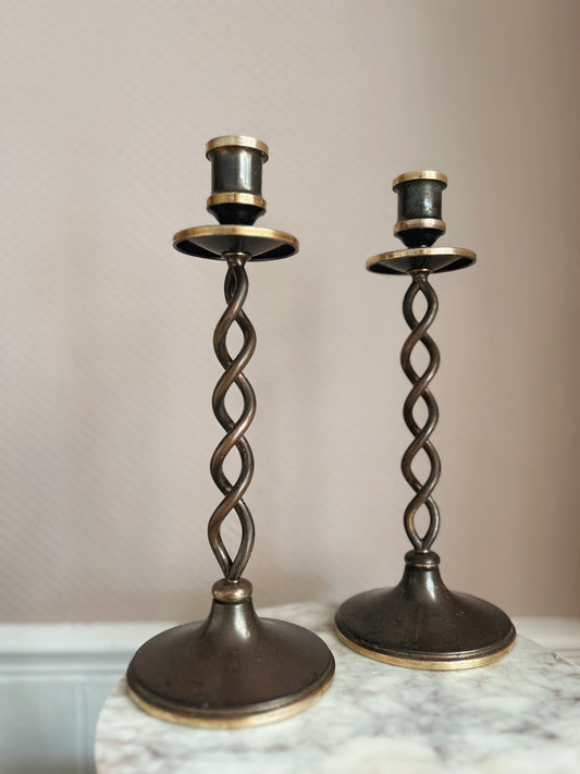 Vintage Large Metal + Brass Pair of Candlestick Holders (UK ONLY)