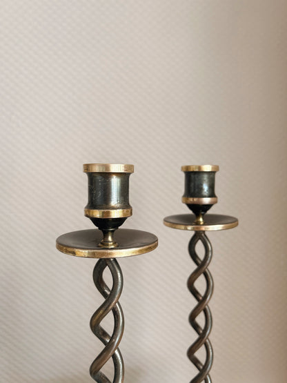 Vintage Large Metal + Brass Pair of Candlestick Holders (UK ONLY)