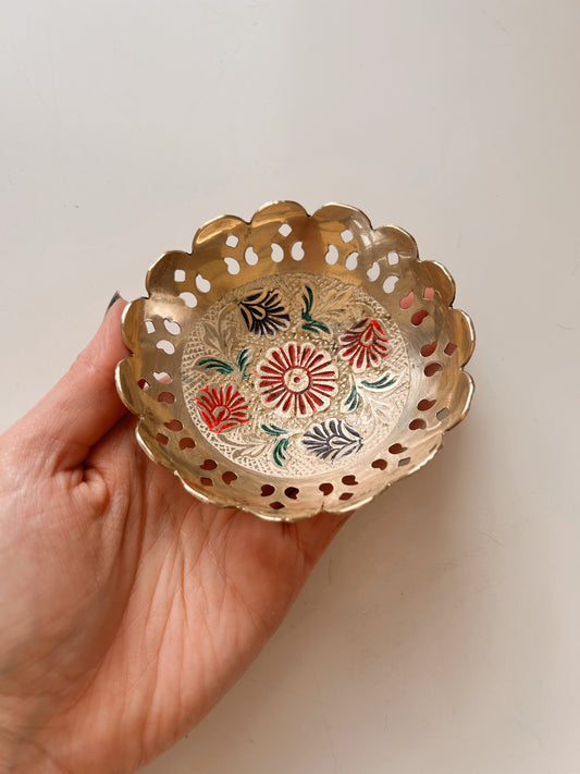 Vintage Brass + Floral Enamel Trinket Bowl