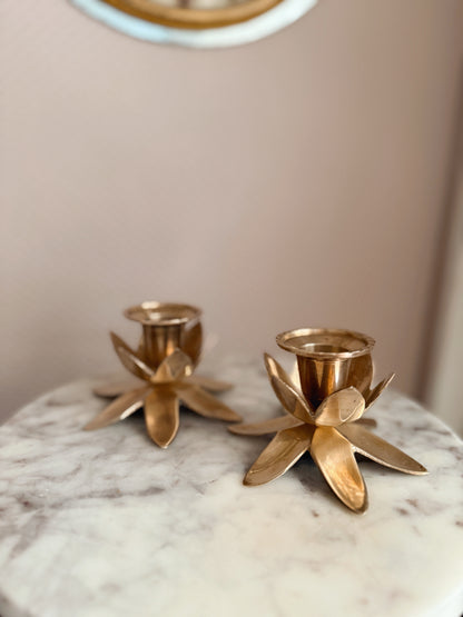 Vintage Brass Pair of Flower Candlestick Holders