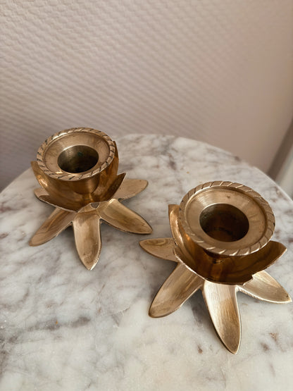 Vintage Brass Pair of Flower Candlestick Holders