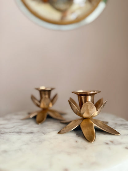 Vintage Brass Pair of Flower Candlestick Holders