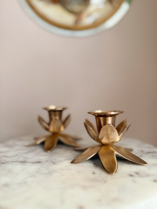 Vintage Brass Pair of Flower Candlestick Holders