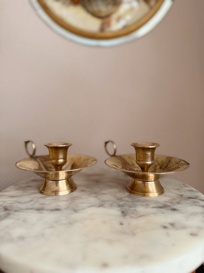 Vintage Brass + Enamel Floral Pair of Candlestick Holders