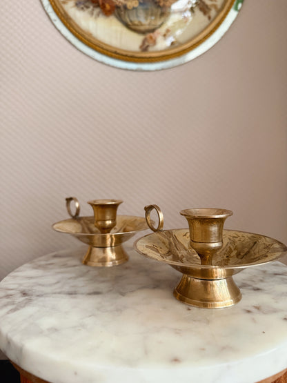 Vintage Brass + Enamel Floral Pair of Candlestick Holders