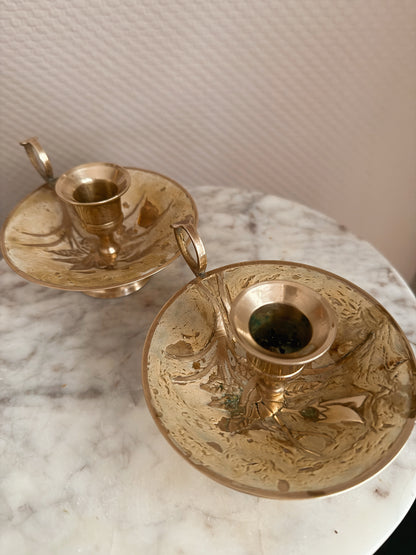 Vintage Brass + Enamel Floral Pair of Candlestick Holders