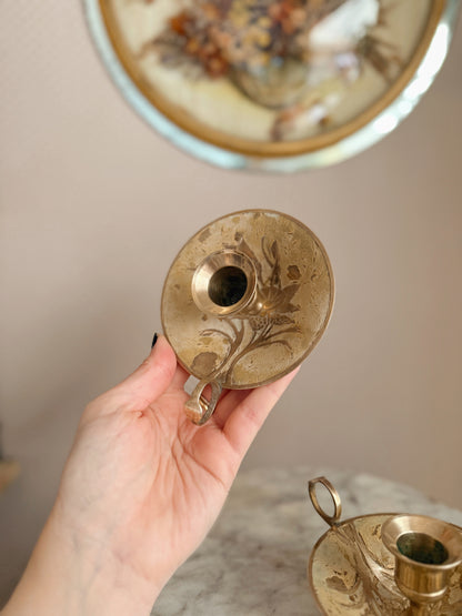 Vintage Brass + Enamel Floral Pair of Candlestick Holders