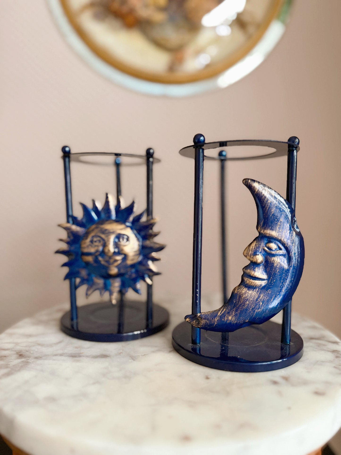 Vintage Blue Whimsigoth Candle Holders Sun + Moon