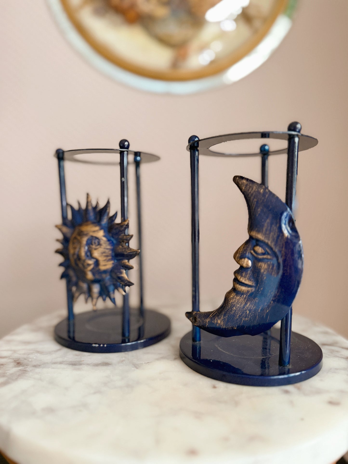 Vintage Blue Whimsigoth Candle Holders Sun + Moon