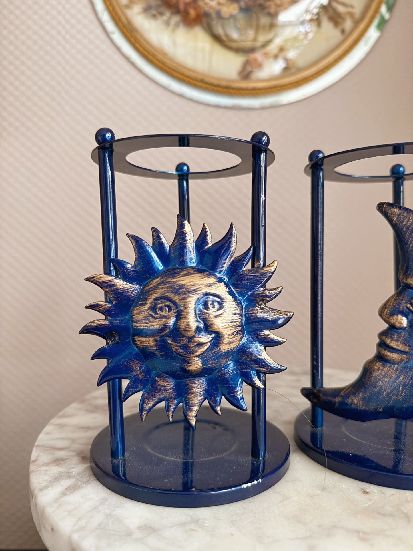 Vintage Blue Whimsigoth Candle Holders Sun + Moon