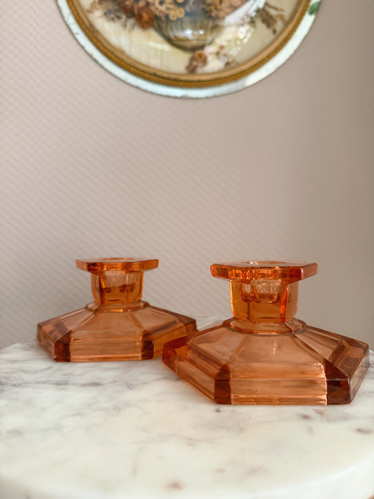 Vintage Coral Glass Pair of Candlestick Holders