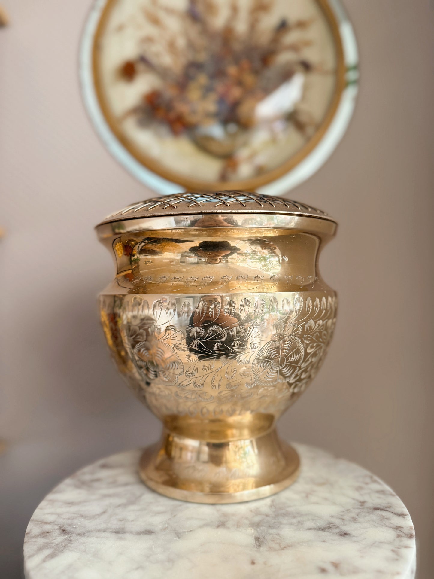 Vintage Large Floral Brass Cauldron