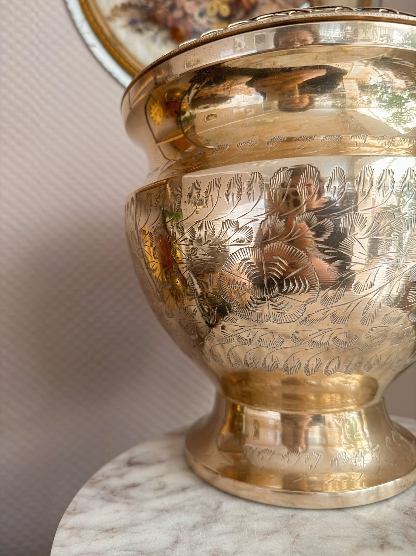 Vintage Large Floral Brass Cauldron