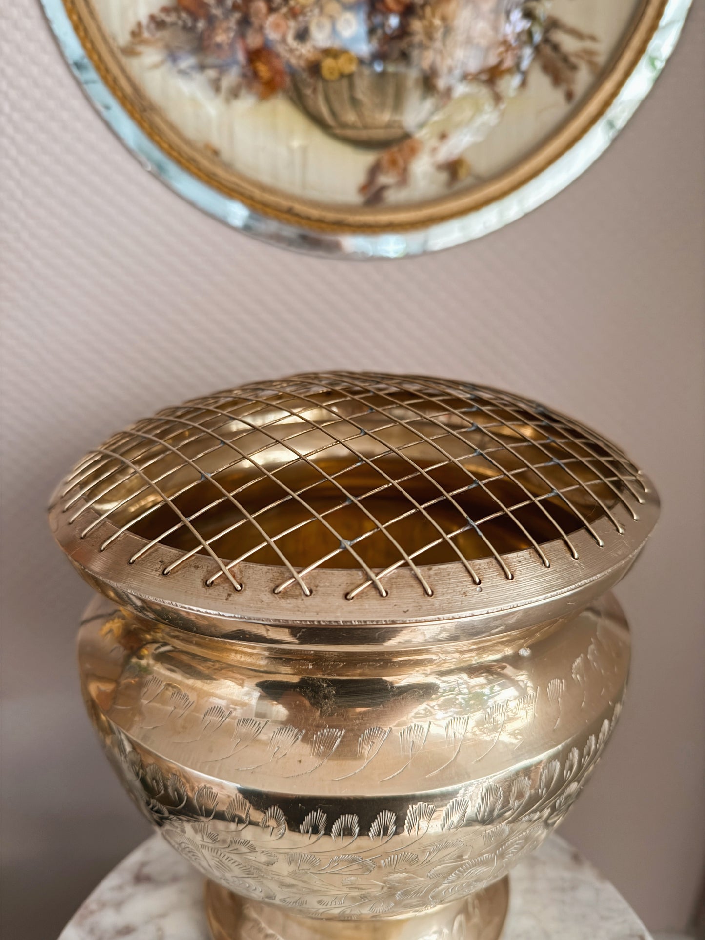 Vintage Large Floral Brass Cauldron