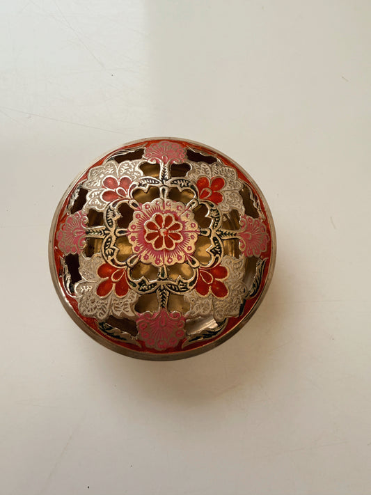 Vintage Brass Pink Floral Trinket Bowl