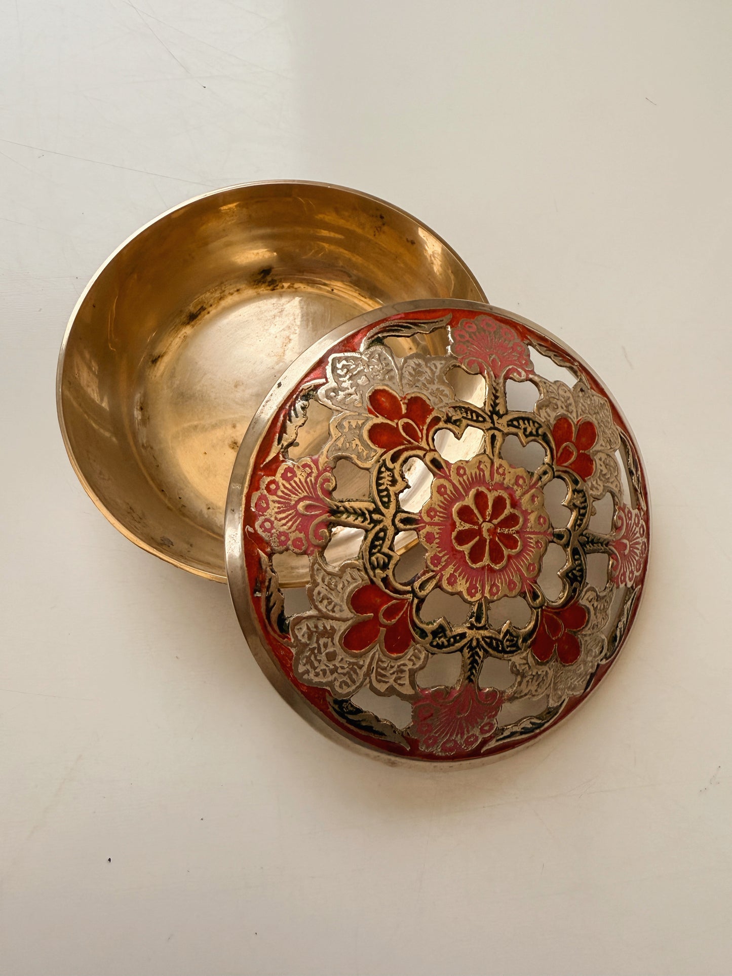 Vintage Brass Pink Floral Trinket Bowl