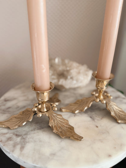 Vintage Brass Holly Pair of Candlestick Holders