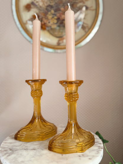 Vintage Amber Pair of Glass Candlestick Holders