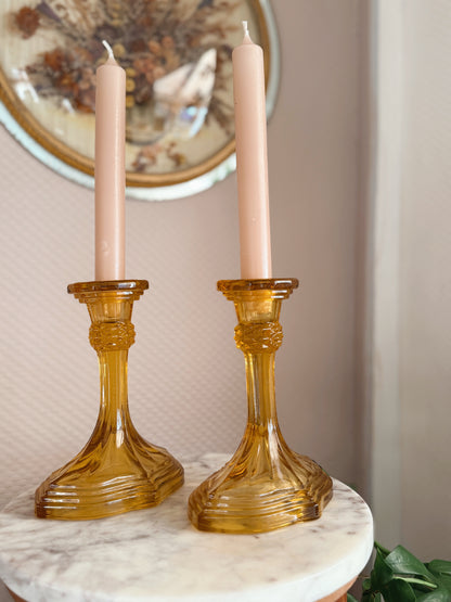 Vintage Amber Pair of Glass Candlestick Holders