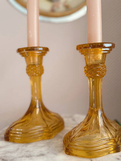 Vintage Amber Pair of Glass Candlestick Holders