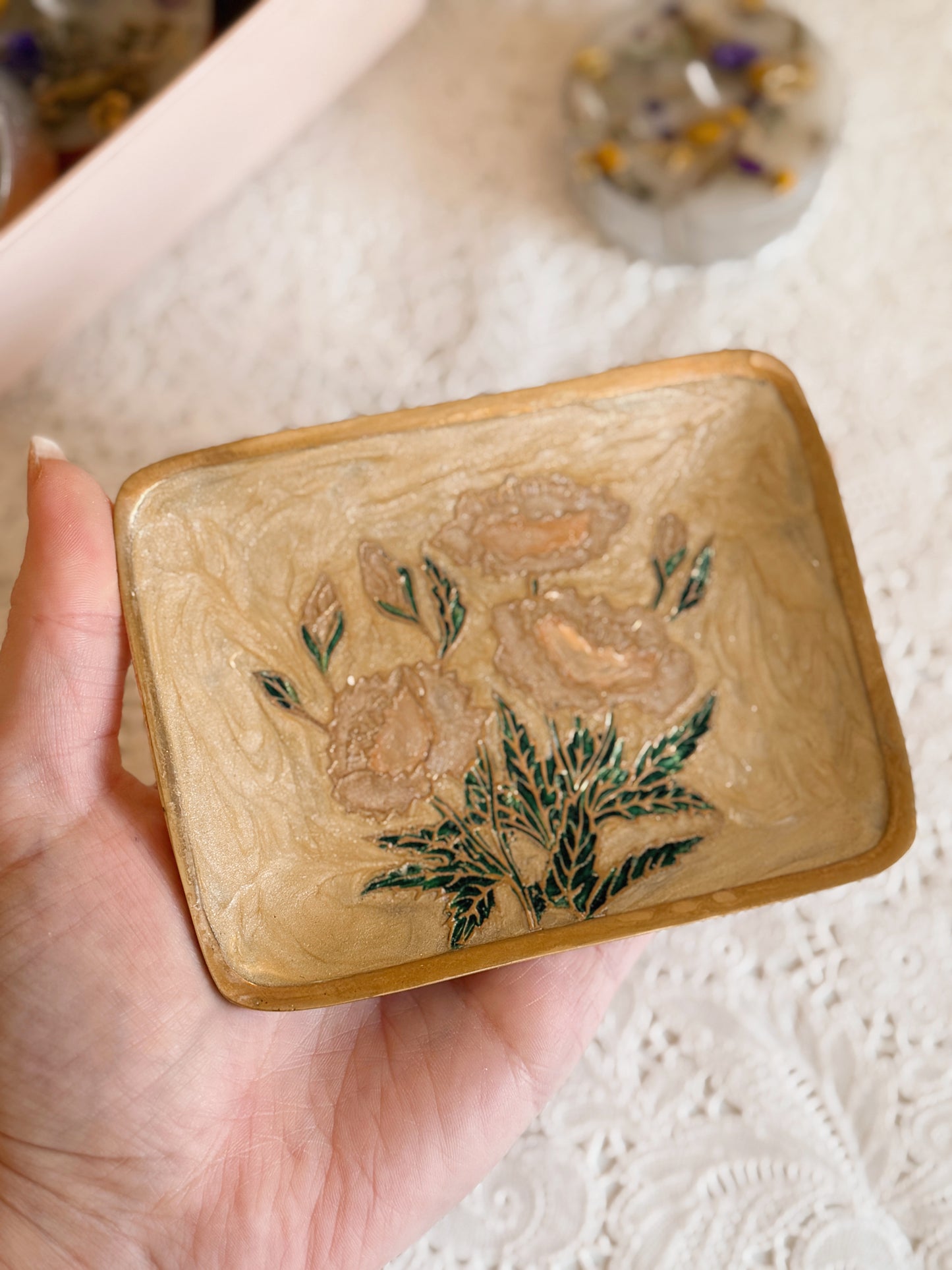 Vintage Brass + Floral Enamel Trinket Tray