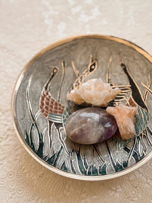 Vintage Brass + Enamel Bird Trinket Dish