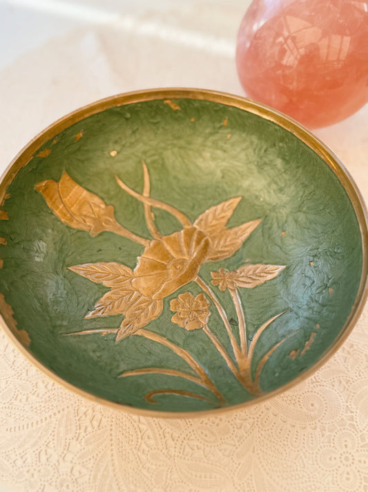 Vintage Brass + Enamel Floral Trinket Bowl