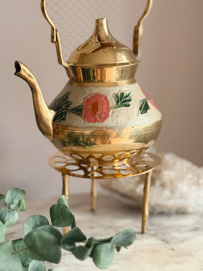 Vintage Brass + Enamel Teapot + Trivet Stand