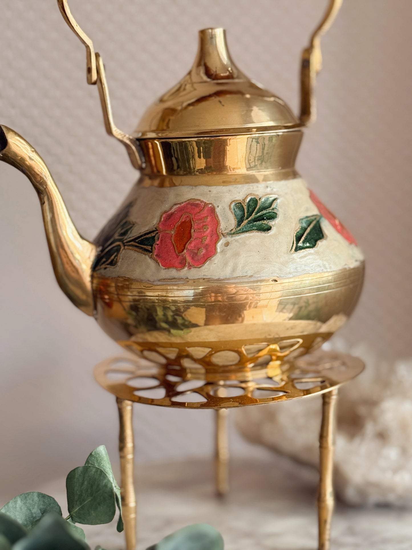 Vintage Brass + Enamel Teapot + Trivet Stand