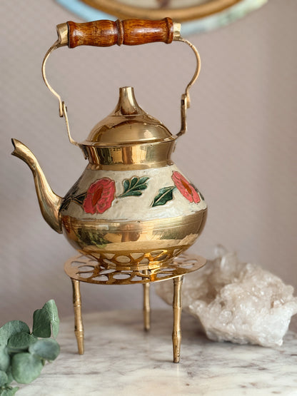 Vintage Brass + Enamel Teapot + Trivet Stand