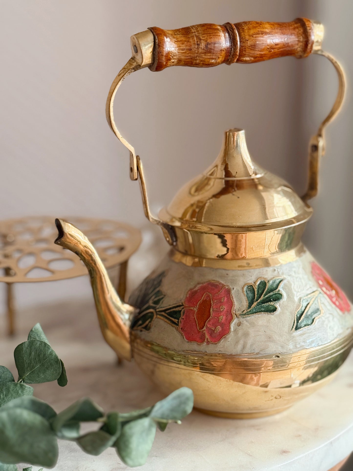 Vintage Brass + Enamel Teapot + Trivet Stand