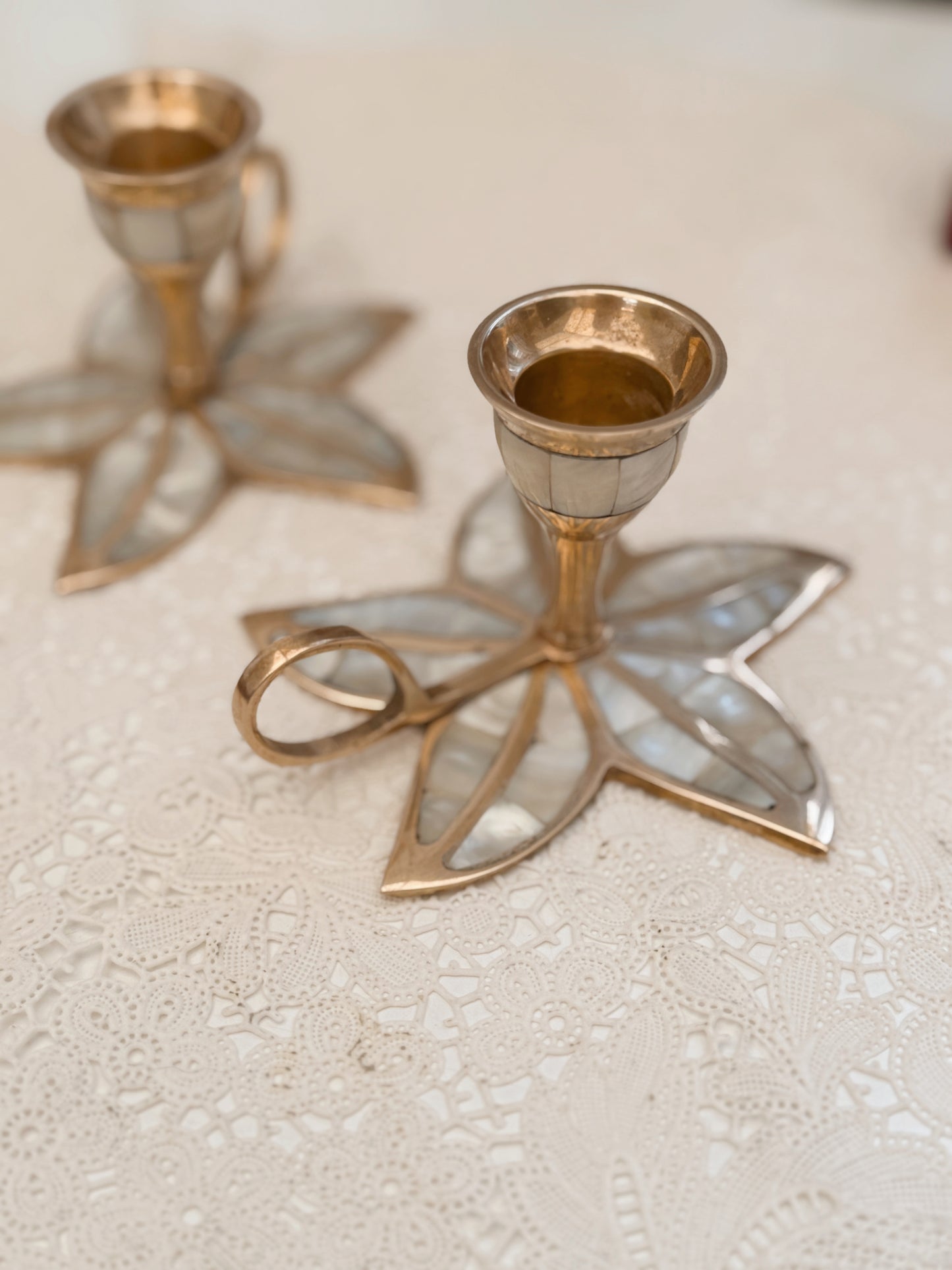 Vintage Brass + Mother of Pearl Pair of Candlestick Holders