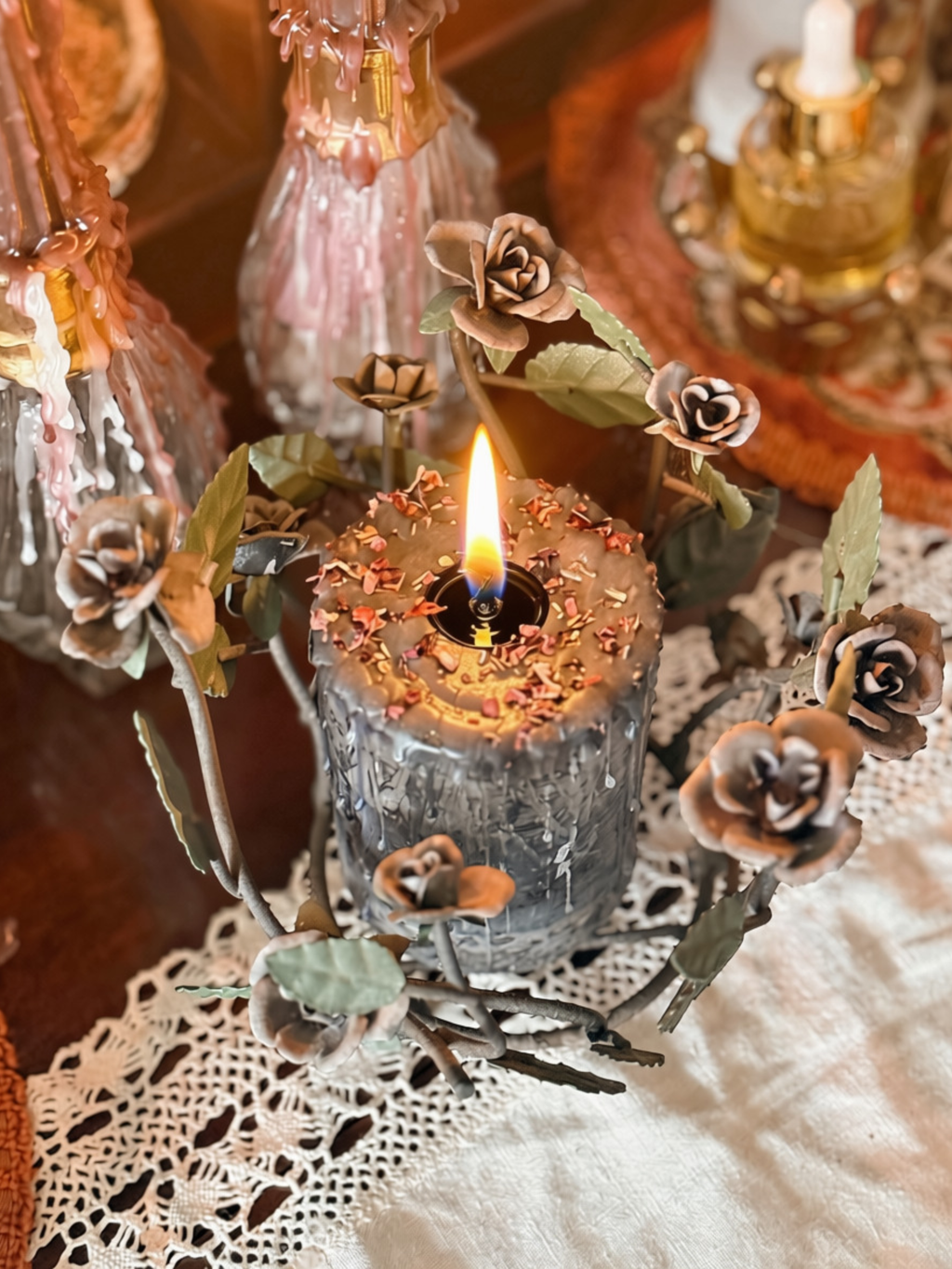 Vintage Metal Rose Candle Holder