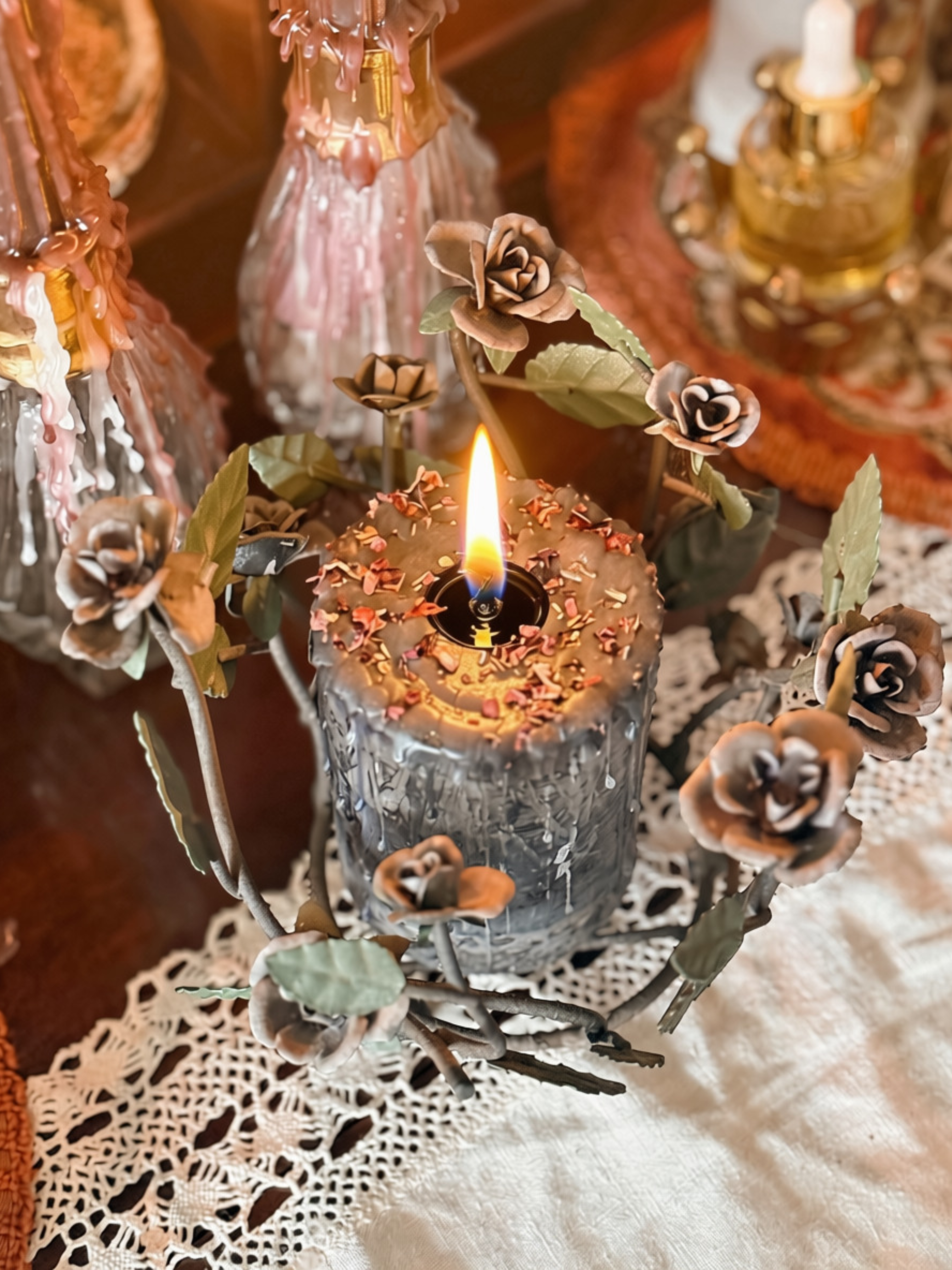 Vintage Metal Rose Candle Holder