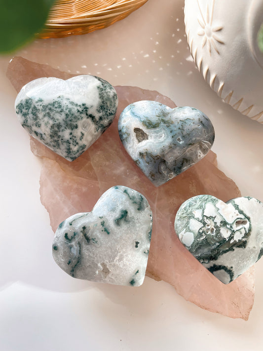 Moss Agate Heart Carvings